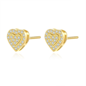 Sparkling gold heart stud earrings with pave-set stones and secure screw-back posts
