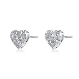 Close-up of heart-shaped 925 sterling silver moissanite earrings with screw-back design