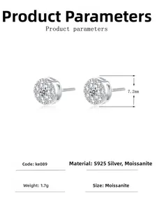 Detailed specs for S925 silver moissanite stud earrings featuring 7.2mm diameter size