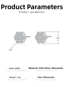 S925 sterling silver moissanite stud earrings showing 9mm diameter and 3mm center stone size