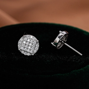 Elegant s925 silver moissanite stud earrings featuring a geometric round pave disk design