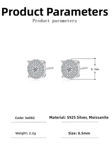 Detailed spec sheet for S925 silver moissanite stud earrings showing 8.5mm diameter