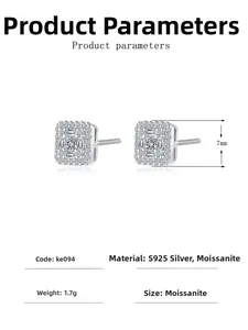 Detailed view of square S925 sterling silver moissanite stud earrings with dimensions