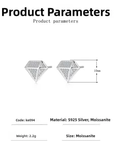 Detailed S925 silver rhombic moissanite stud earring with 10mm size and 2.2g weight