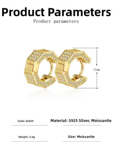 Vue macro détaillée des boucles d'oreilles hexagonales de 11 mm en argent S925 et moissanite