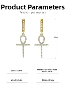 Detailed specs of S925 sterling silver Ankh cross earrings with moissanite inlay