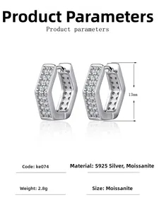 S925 silver hexagonal moissanite hoop earrings detail view with size and weight parameters