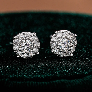 Moissanite S925 sterling silver stud earrings with round halo and sunflower design