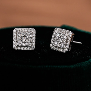 Square Moissanite stud earrings in 925 sterling silver with micro-pave setting