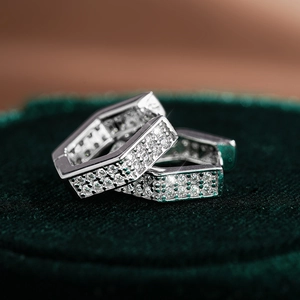 S925 sterling silver geometric hexagonal hoop earrings with iced out moissanite stones