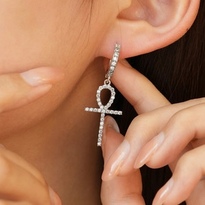Luxurious S925 sterling silver Ankh cross drop earrings with sparkling moissanite stones