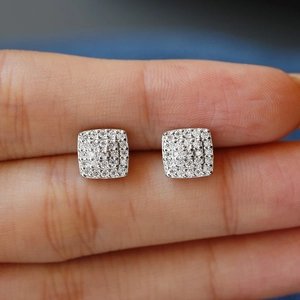 Macro view of square moissanite stud earrings in S925 sterling silver pave setting