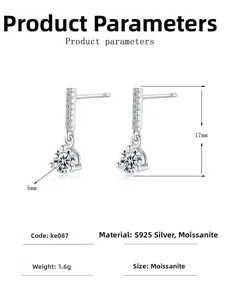 Macro detail of S925 silver moissanite drop earrings with 5mm stone and 17mm height