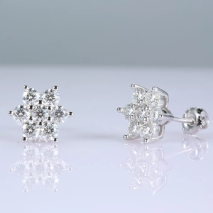 Detailed close-up of 925 sterling silver snowflake stud earrings with screw backs