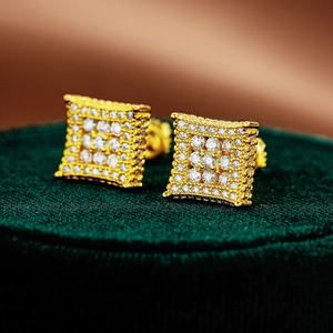 Boucles d'oreilles carrées en argent S925 et moissanite dorées style hip hop
