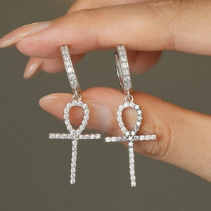 Luxurious S925 sterling silver moissanite Ankh cross hoop earrings for men and women
