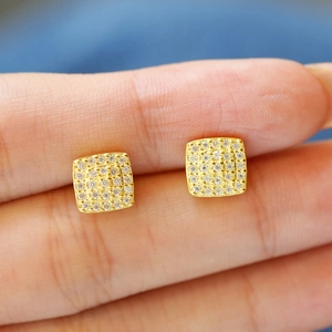 Iced out square moissanite stud earrings in 925 silver with gold plating for men and women