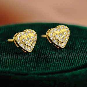 Iced out gold heart moissanite studs in 925 sterling silver with micro-pave setting