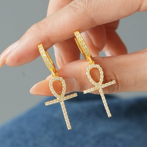 925 Sterling Silver Moissanite Ankh Cross Drop Earrings For Women Men Hip Hop Vintage Leverback Gold White Gold Earrings Jewelry