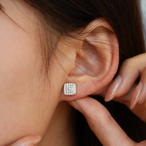 Square moissanite stud earrings in S925 sterling silver with micro-pave setting on ear