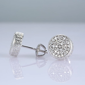 Detailed view of S925 silver moissanite stud earrings with pavé setting and screw back