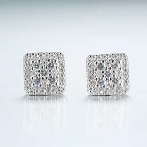 Close-up of 925 sterling silver square moissanite stud earrings with micro-pave stones