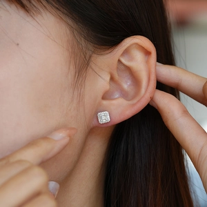 Square moissanite stud earrings in S925 sterling silver for men and women on ear model