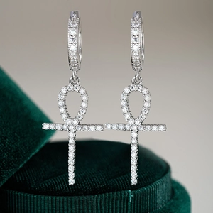 Luxurious S925 sterling silver ankh cross hoop earrings with moissanite stones
