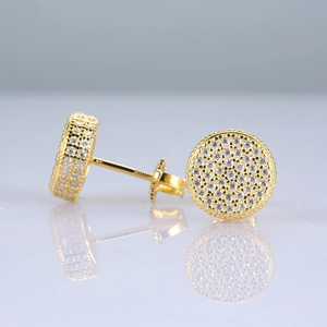 Detail of s925 gold-plated earrings with pave moissanite and secure screw back