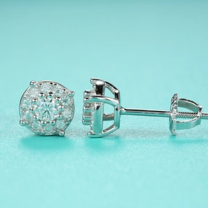 Macro detail of S925 silver moissanite halo stud earrings with secure screw-back design