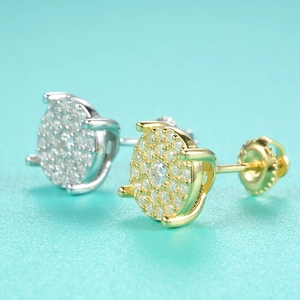Detailed macro view of S925 silver moissanite stud earrings with secure screw-back closure