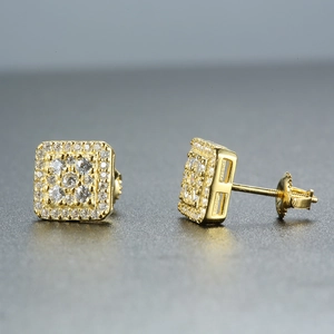 Detailed close-up of square hip-hop earrings showing gold plating and secure screw-back
