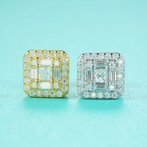 Detailed comparison of square moissanite stud earrings in gold and silver finishes