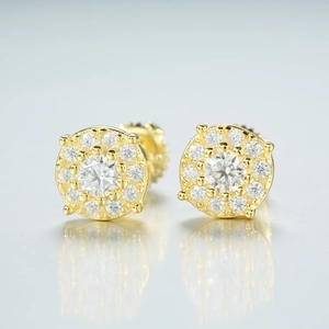 Close-up of gold moissanite halo stud earrings with brilliant round cut and reflection