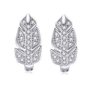 S925 sterling silver moissanite feather leaf drop earrings with sparkling pavé cubic zirconia