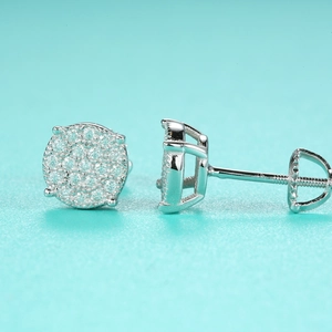 Detail of round moissanite stud earrings in S925 silver with secure screw-back structure