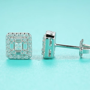 Macro view of S925 sterling silver square moissanite earrings with screw-back design