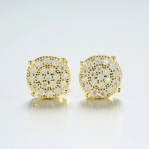 Close-up of gold-plated S925 silver stud earrings with round pavé moissanite stones