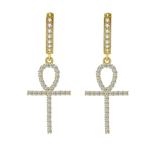 Luxurious S925 silver Ankh cross drop earrings with pavé moissanite in 18K gold finish