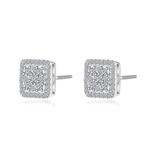 Pair of square moissanite stud earrings in silver settings with double halo pave design