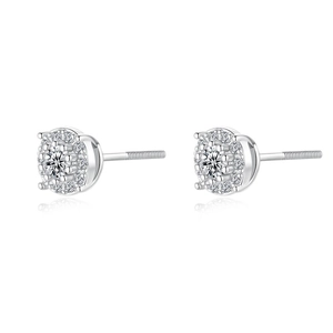 Classic round halo moissanite stud earrings in S925 sterling silver with screw backs