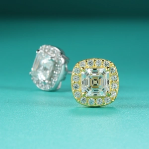 Hip hop 925 sterling silver square moissanite halo stud earrings in gold and silver