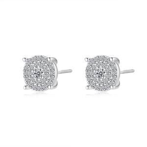 S925 Sterling Silver Moissanite Stud Earrings with Round Halo Design and Screw Back