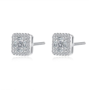S925 sterling silver square moissanite stud earrings with screw back and high shine finish