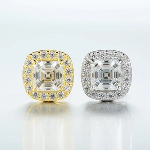 Square cut Moissanite halo stud earrings in gold and silver finish with hip hop style