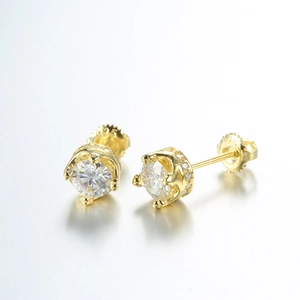 Macro view of gold S925 silver moissanite stud earrings with crown setting and tiny diamonds