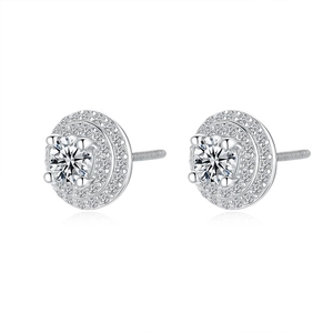 Orecchini a lobo halo in argento S925 con moissanite tonda e doppia fila di zirconi