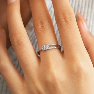 S925 Sterling Silver asymmetrical layered ring with micro-paved moissanite stones