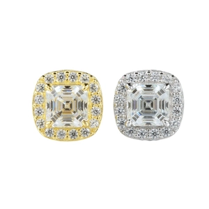 Square halo stud earrings in 925 sterling silver with moissanite, gold and silver finishes
