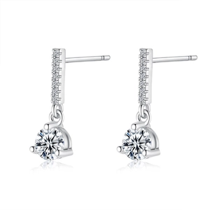 Sparkling S925 sterling silver moissanite drop earrings with vertical bar and round stone